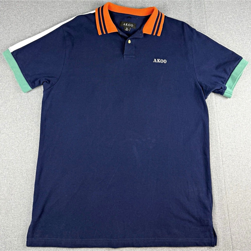 AKOO Mens Polo Shirt XL Navy Colorblock Short Sleeve Embroidered Logo Button